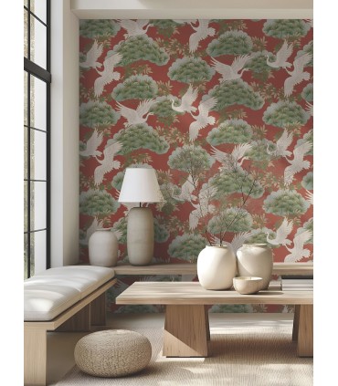 ZA8006 - Sprig & Heron Red Wallpaper-Tea Garden 2