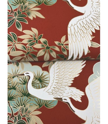 ZA8006 - Sprig & Heron Red Wallpaper-Tea Garden 2