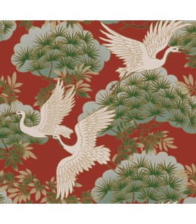 ZA8006 - Sprig & Heron Red Wallpaper-Tea Garden 2