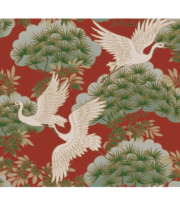 ZA8006 - Sprig & Heron Red Wallpaper-Tea Garden 2
