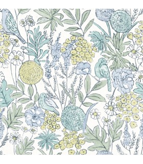4148-27413 - Goldfinch Aqua Birds and Blooms Wallpaper-Printworks by Chesapeake