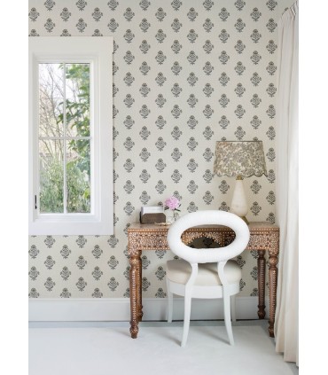 4148-27418 - Hollyhock Black Floral Crest Wallpaper-Printworks by Chesapeake