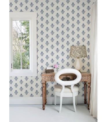 4148-27417 - Hollyhock Blue Floral Crest Wallpaper-Printworks by Chesapeake