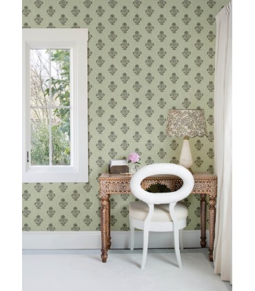 4148-27419 - Hollyhock Green Floral Crest Wallpaper-Printworks by Chesapeake