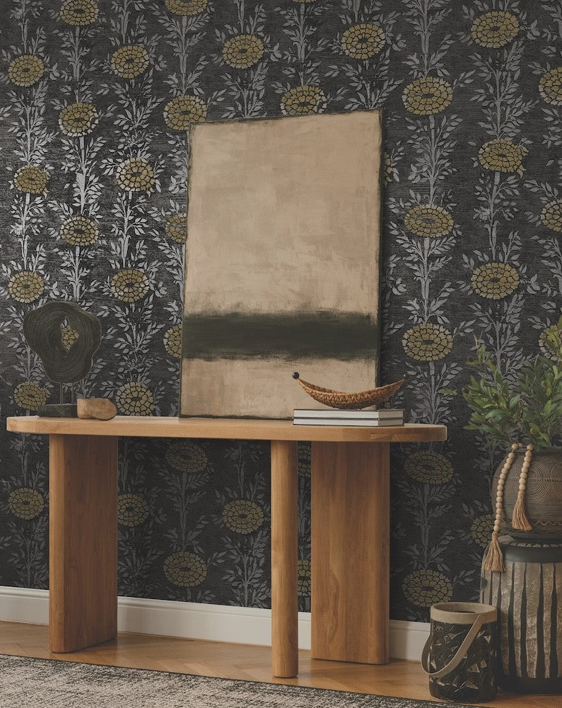 ZA8017 - French Marigold Black & Gold Wallpaper-Tea Garden 2 ...